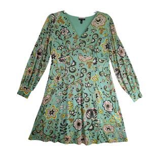Allison‎ Brittney Green Floral Paisley Dress Sz L Sheer Overlay Wrap-V Neckline